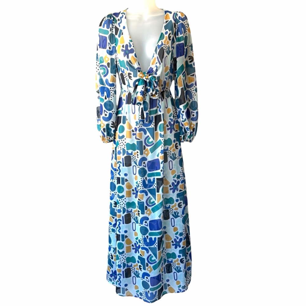 BEACH RIOT Abstract Tie-Front Maxi Dress Blue Yellow Teal Balloon Sleeve Size S